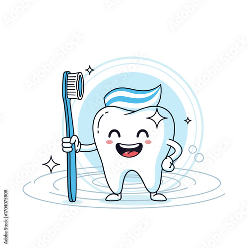 Cute Tooth Character Brushing Teeth with Toothbrush and Toothpaste.
