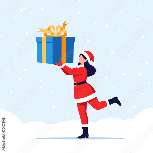 Woman in Santa Costume Holding a Large Gift Box.