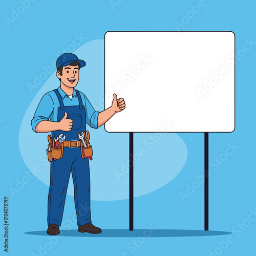 Mechanic Giving Thumbs Up Next to Blank Whiteboard.