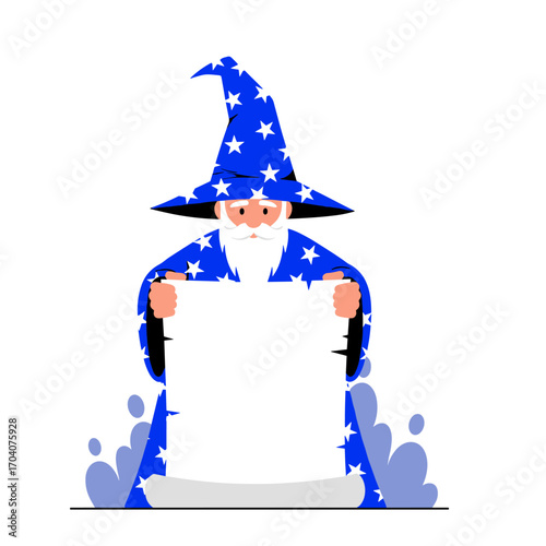 Wizard holding a blank scroll with stars on his robe.