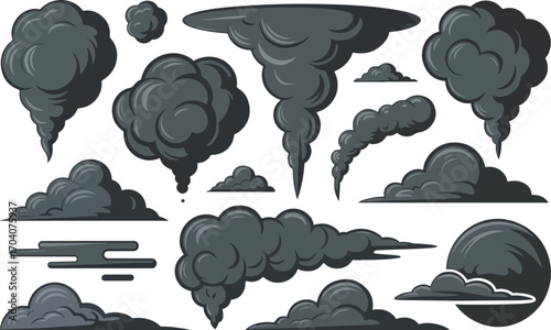 Collection of cartoon smoke and cloud illustrations perfect for adding atmospheric effects to games animations and graphic design projects with a smoky or mysterious feel