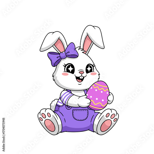 Cute Easter Bunny Holding a Decorated Egg.