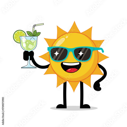 Happy Cartoon Sun Character Wearing Sunglasses Holding a Refreshing Cocktail.