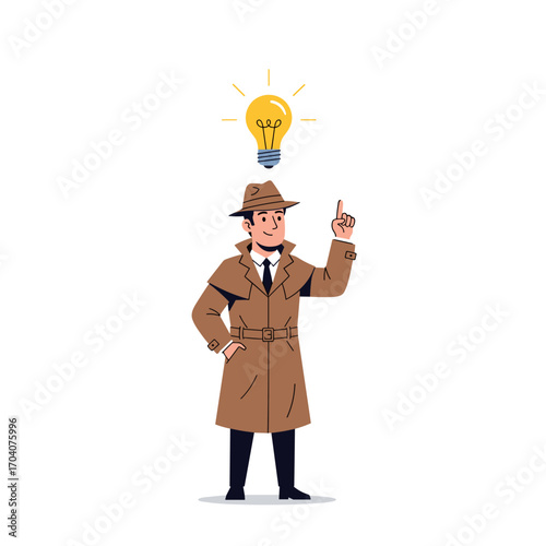 Detective has a brilliant idea with a lightbulb above his head.