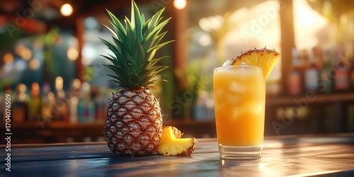 Refreshing tropical drink with fresh pineapple at a sunny outdoor bar in the late afternoon