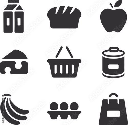 Grocery icon vector set, silhouette food shopping basket, milk, bread, apple, banana, egg, cheese, canned goods bag design illustration