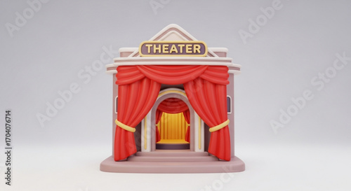 A charming theater building with red curtains, inviting audience for a show, a 3d render of a miniature theater