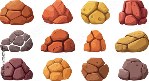 Cartoon rocks collection features various shapes and colors including brown orange yellow and gray tones ideal for game design assets or educational resources about geology and earth science
