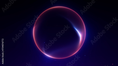 Abstract glowing sphere with red and violet gradient light on dark background. Futuristic plasma energy ball, sci-fi cosmic digital shape.
