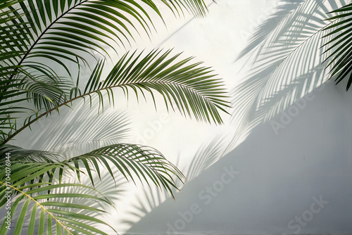Tropical palm leaves shadow on white wall, minimal natural background