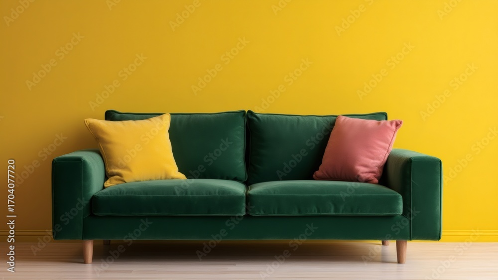 Fototapeta premium Emerald velvet sofa with accent pillows against a yellow wall, indoors.