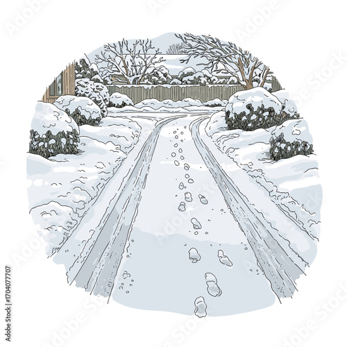 Snowy driveway with tire tracks and footprints in winter scene