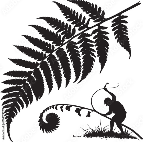 Fern Silhouette and Silhouette of Work: The silhouette of a fern's detailed fronds contrasts with the silhouette of a person diligently working with a spiral plant, rendered in a monochrome artwork.