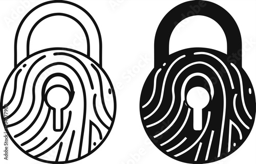 Security Icons. Black and White Vector Illustrations. Padlock and Fingerprint. Cybersecurity and Privacy. Online Data Protection from Hacking, Password. Concept Protection

