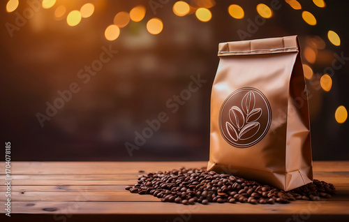 Coffee bag mockup with roasted beans on wooden table and bokeh lights