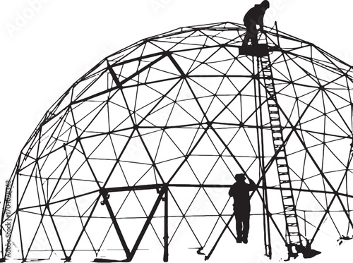 Constructing the Framework: Two builders meticulously assemble a geodesic dome, a striking testament to architectural innovation and structural engineering.
