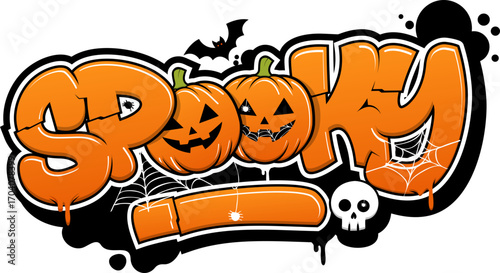Spooky Graffiti Halloween Vector – Orange Bubble Lettering with Pumpkins, Spiderwebs, and Skull for Seasonal Urban Street Art Design