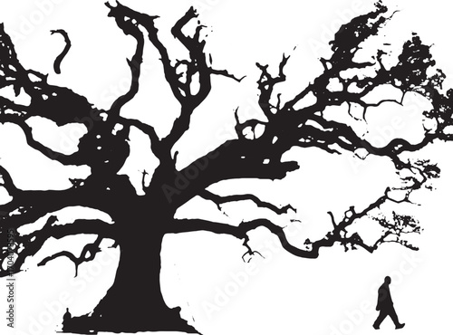 Ancient Oak's Silhouette: A solitary figure walks towards an ancient oak tree's silhouette, casting a long shadow, inviting introspection and a sense of vastness and wonder.