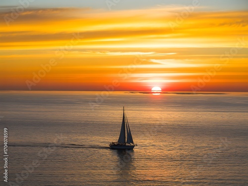 Sailboat on the ocean at sunset with vibrant orange and yellow sky Keywords: sailboat, sailing, boat, ocean, sea, water, sunset, sunrise, sky, orange, yellow, horizon, sun, light, reflection, calm