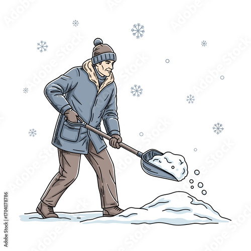 Man shoveling snow in winter clothes during snowfall