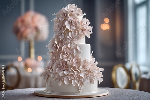 A stunning elegant wedding cake with sugar petals cascading down the layers, adding a soft and graceful touch to the event