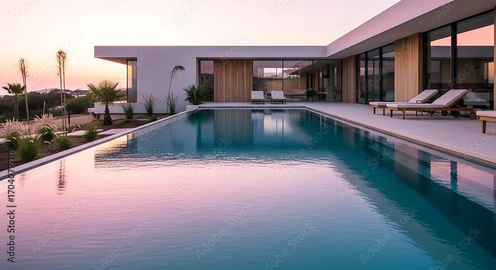 Obraz premium Captivating sunset reflection in luxurious pool at a modern villa