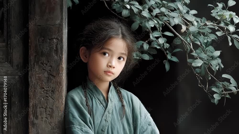 Tranquil smile of an ancient style girl and the beauty of oriental artistic conception