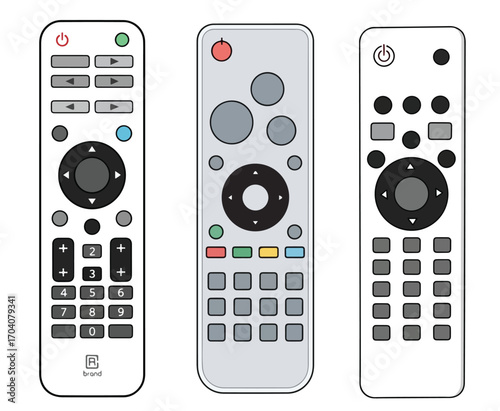 Illustration of three remote controls with various button arrangements and different color schemes design