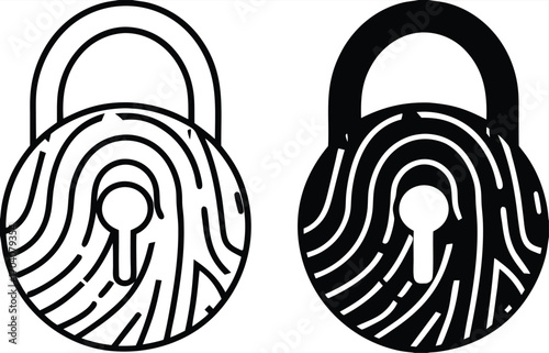 Security Icons. Black and White Vector Illustrations. Padlock and Fingerprint. Cybersecurity and Privacy. Online Data Protection from Hacking, Password. Concept Protection

