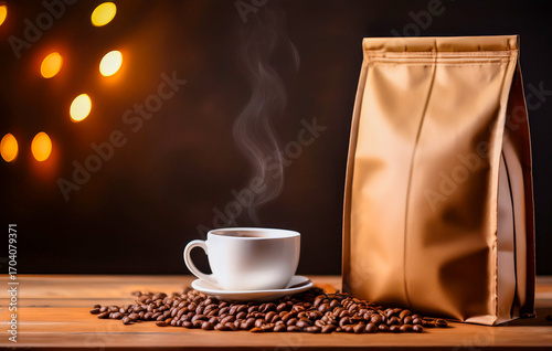 Coffee cup with steam and brown paper bag on wooden table with roasted beans and warm bokeh lights