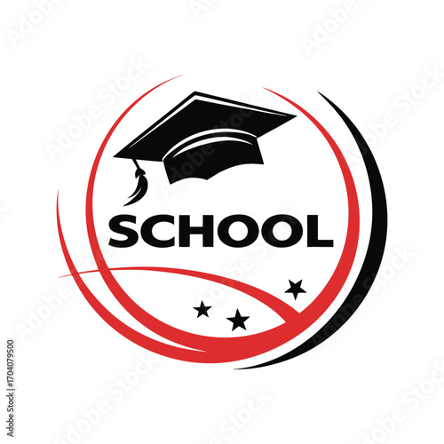 Graduation cap with school text and stars inside red and black swoosh education learning