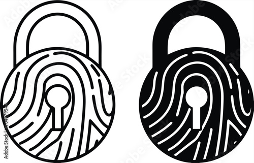 Security Icons. Black and White Vector Illustrations. Padlock and Fingerprint. Cybersecurity and Privacy. Online Data Protection from Hacking, Password. Concept Protection

