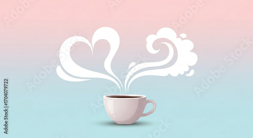 A cup of coffee with steam forming a heart shape, symbolizing love and warmth, set against a soft pink and blue gradient background