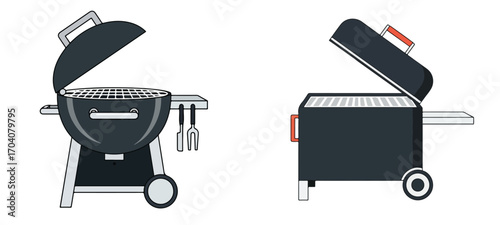 Two BBQ grills, round kettle, square smoker, outdoor cooking, summer patio, barbecue equipment, charcoal, isolated objects, comparison set, backyard leisure, picnic