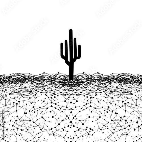 A lone saguaro cactus silhouette standing above a network of connected lines and dots in black and white