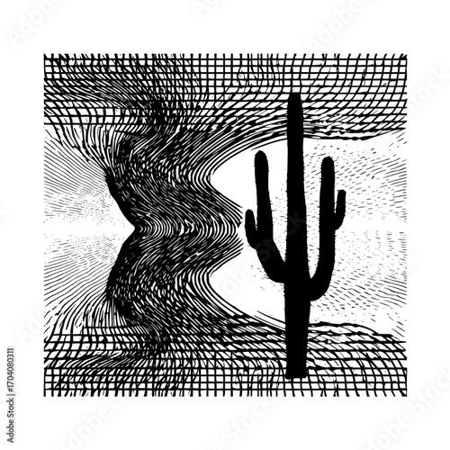 Black and white illustration of a saguaro cactus and abstract lines in a desert landscape art
