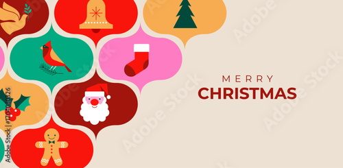 Colorful Christmas tree baubles with geometric icons. Banner background in modern minimalist style.