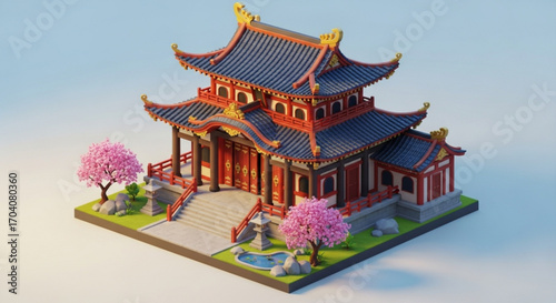 Detailed 3d model of a traditional chinese temple with cherry blossom trees, showcasing intricate architecture and cultural heritage