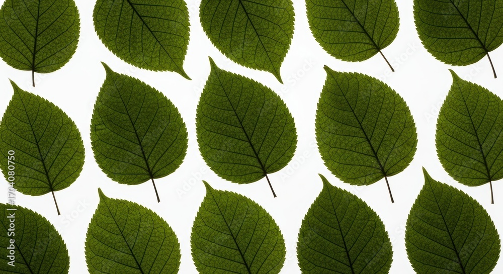 Fototapeta premium Pattern of green leaves on white background