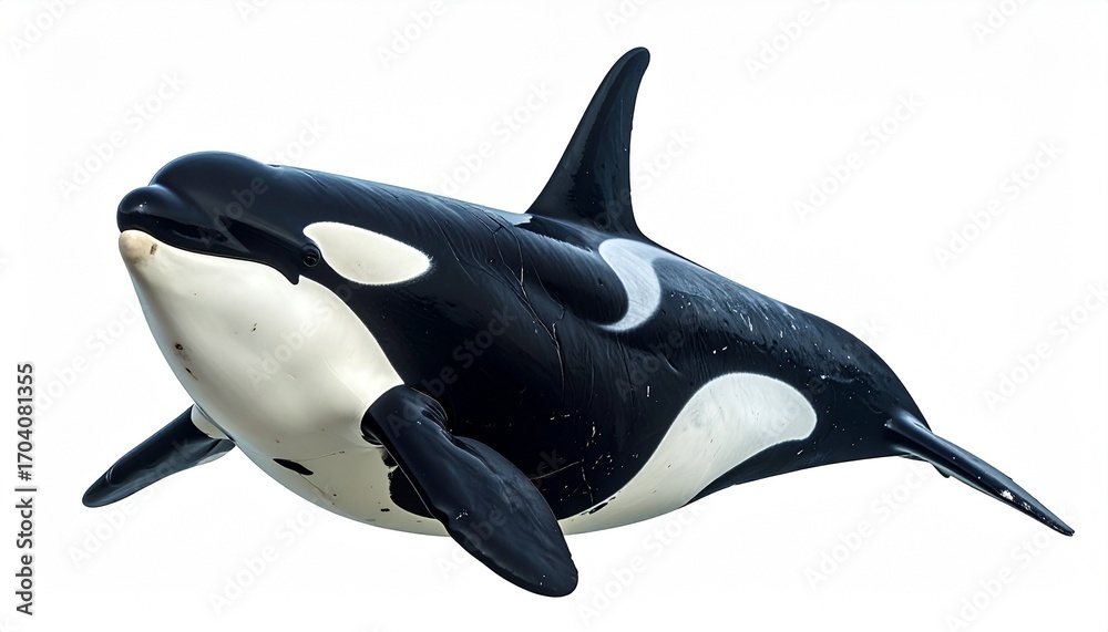 Fototapeta premium Killer whale with striking black and white pattern tall dorsal fin strong tail flukes and dominant ocean predator sea animal isolated on white background 