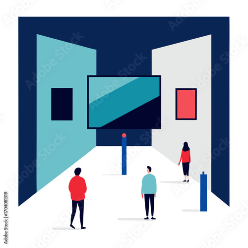 Abstract art gallery interior with viewers contemporary art gallery