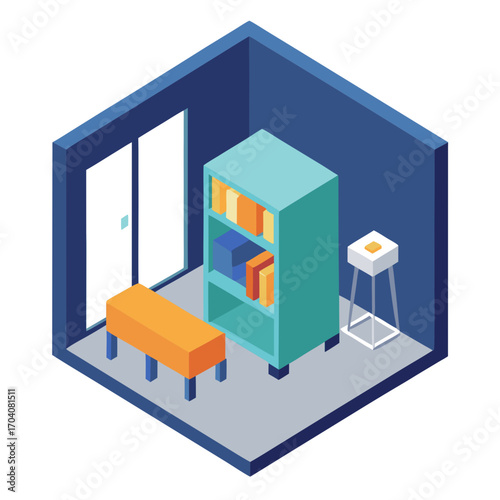 Compact room with teal shelf orange bench and white stool