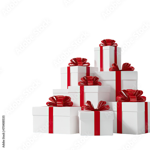Stacked white gift boxes with red ribbons and bows