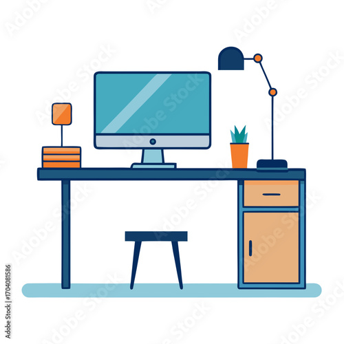 Desk with computer lamp and plant monitor stool