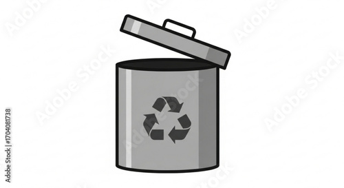 A gray trash can with a recycling symbol and an open lid the can is cylindrical and made of metal
