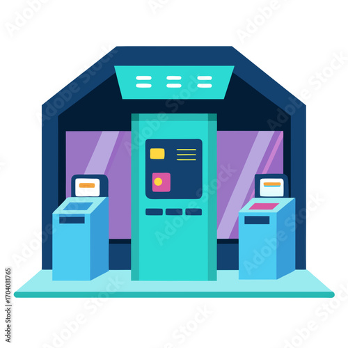 Futuristic bank interior with digital kiosks vector