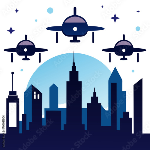 Futuristic drones patrol blue city skyline futuristic city
