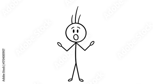 Stick Figure Cartoon of Surprised, Shocked, or Confused Person with Open Mouth and Raised Hands