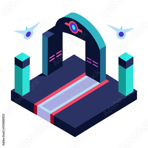 Futuristic drone racing gate with flying vehicles track