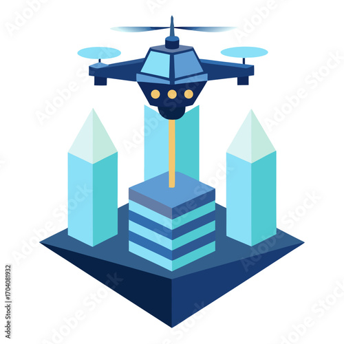 Futuristic drone landing on skyscraper platform aircraft